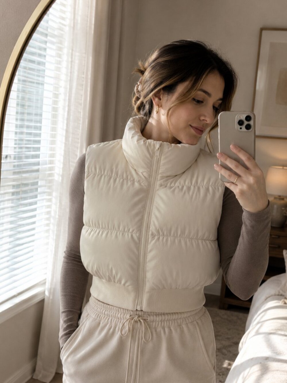 Cream Cropped Puffer Vest High Neck Zip Front Quilted